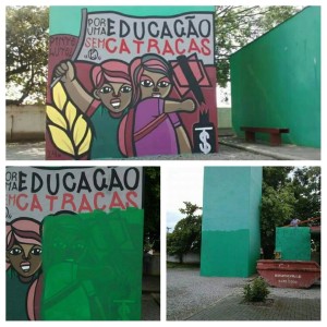 Mural na escola feito por alunos, com apoio do Coletivo Pinte e Lute de muralismo, e que foi apagado como represália à mobilização desse ano.